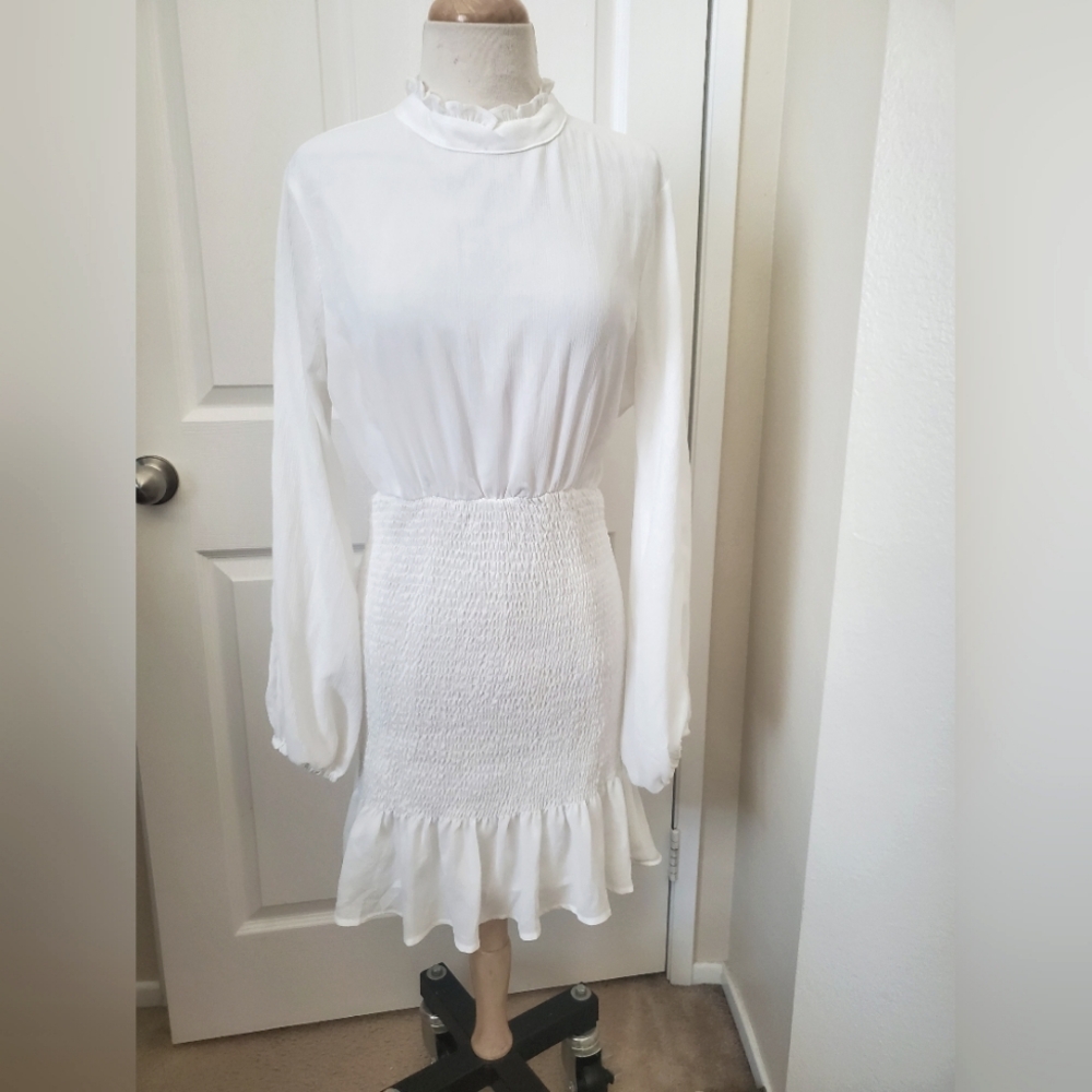 Sheer And Smocked White Long Sleeve Dress